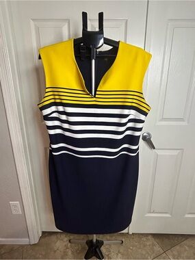 I LE Yellow and Navy Striped Midi Sheath Sleeveless Dress